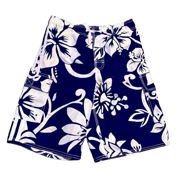 Old Navy Boys Large 10-12 Navy Blue & White Hibiscus Flowers Board Shorts Swim - Picture 1 of 6